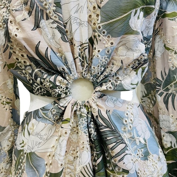 Gianni Bini NWT Tinsley Eyelet Palm Print Long Sleeve Cut-out Dress Moss - Picture 4 of 11